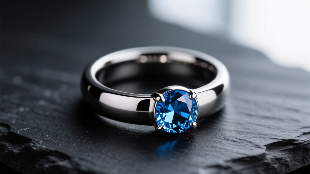 Macro shot of ASTM F136 titanium daith ring with sapphire on dark slate, highlighting hypoallergenic wellness jewelry design.