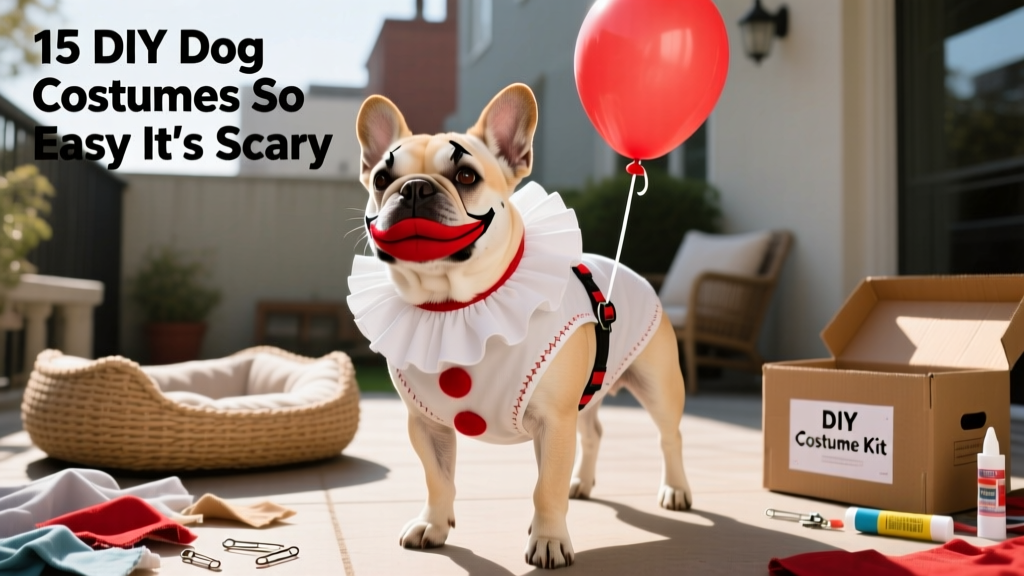 A French bulldog wearing a minimalist Pennywise-inspired clown costume with red balloon and subtle makeup accents