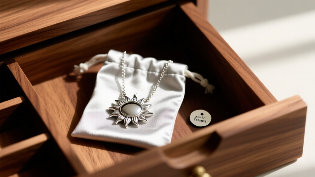 Half sun necklace resting in a Pacific Silvercloth pouch next to an anti-tarnish tab inside a cedar-lined wooden jewelry drawer.