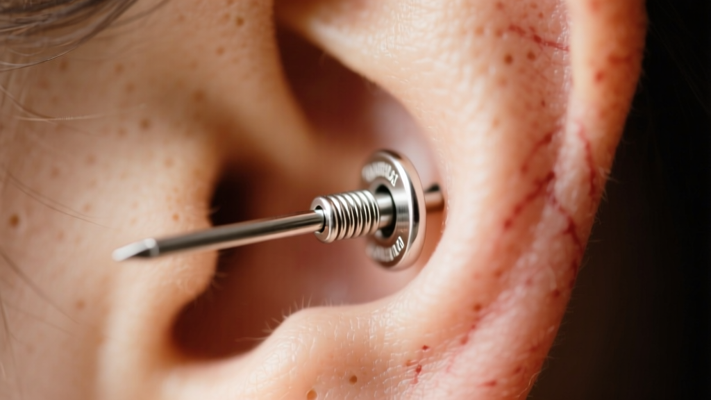 Close-up of a 20-gauge earring post passing through an earlobe, highlighting a secure La Pousette spring-loaded locking back.