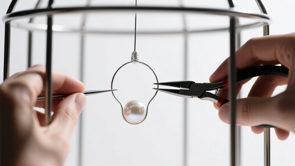 Hands using nylon pliers to adjust silver wire tension around a loose pearl inside a delicate geometric metal earring cage setting.