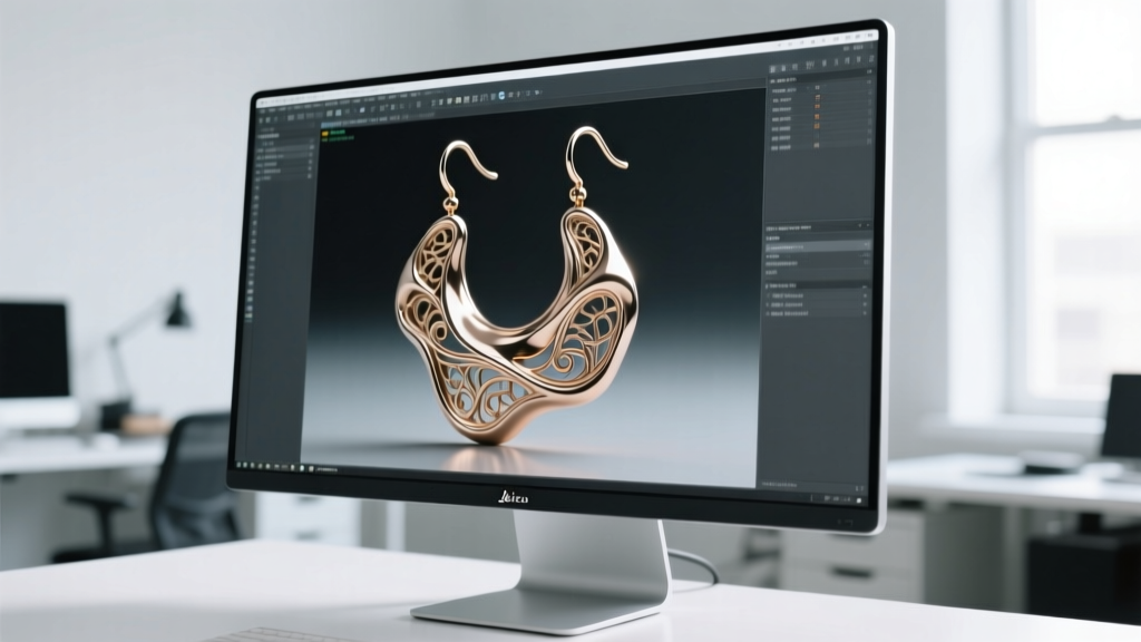 Monitor showing Rhino 3D extruding a flat vector earring design into a detailed 3D printable wax model for precious metal casting.