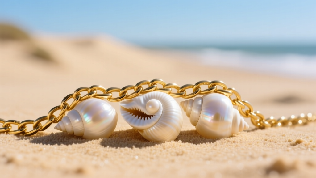 Macro shot of a 14k gold chain holding three polished 8mm white cowrie seashells on warm sand under bright sunlight