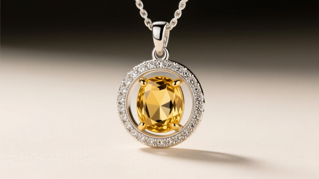 Macro shot of a two-tone pendant with a sterling silver halo and a 14k yellow gold charm, illuminated by soft studio light.