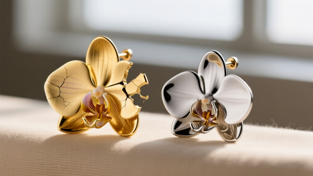 Close-up of a damaged gold orchid earring petal edge showing micro-bending next to a pristine titanium orchid earring post