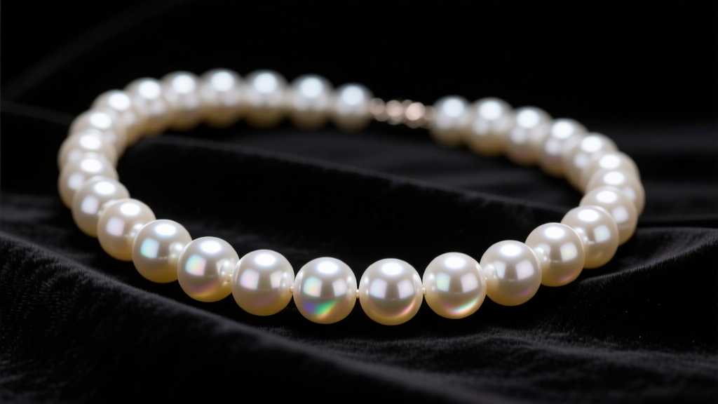 Chunky big fake pearl necklace of coated glass beads on black velvet, studio light highlighting the smooth nacre finish