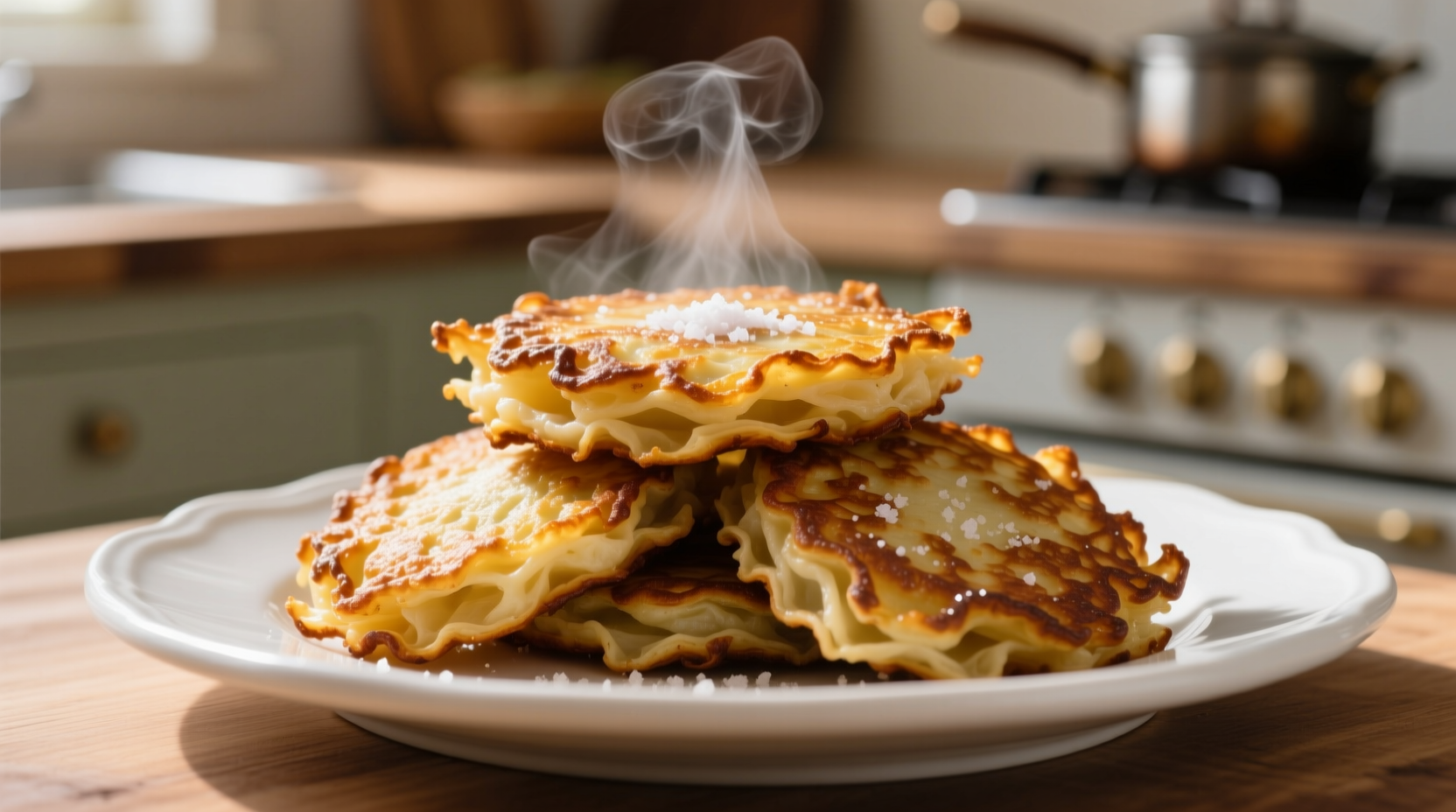 Golden brown potato cakes with crispy edges on white plate