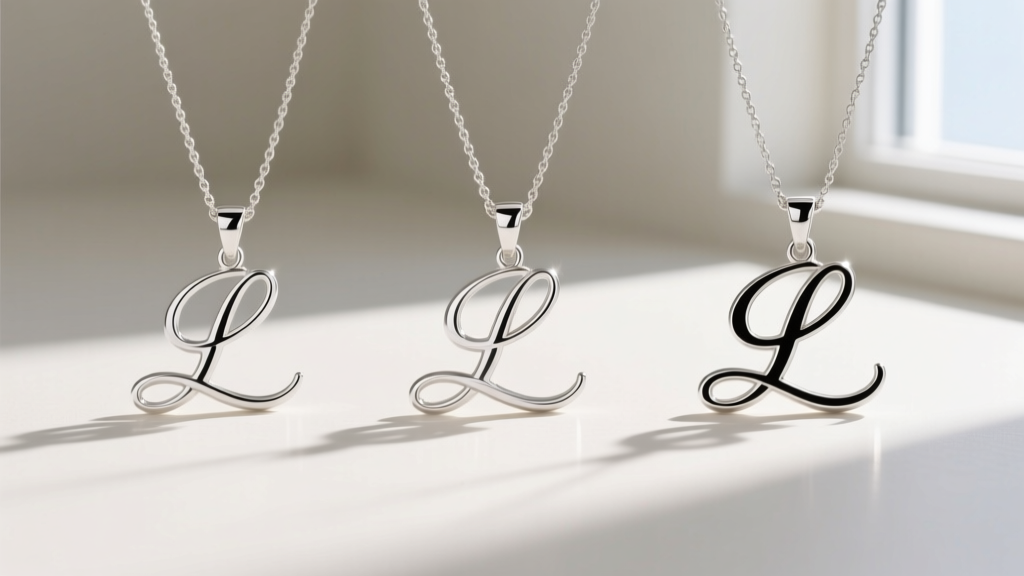 Side-by-side comparison of three cursive initial pendants in sterling silver, showing thin, medium, and thick script font styles.