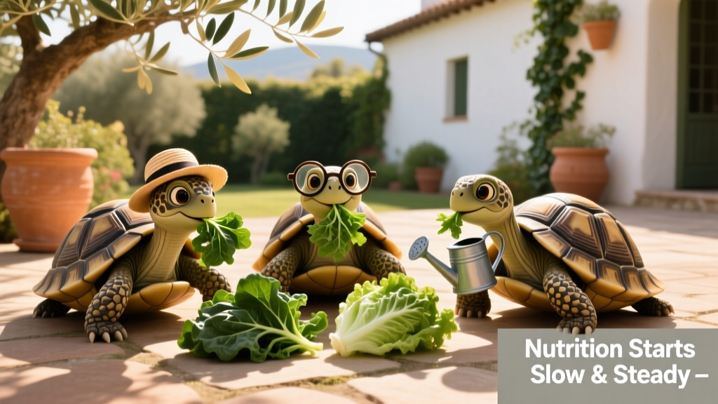 Three tortoises eating leafy greens outside in the sun