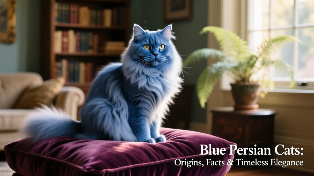 A blue Persian cat sitting gracefully on a plush cushion, showcasing its full coat and relaxed posture