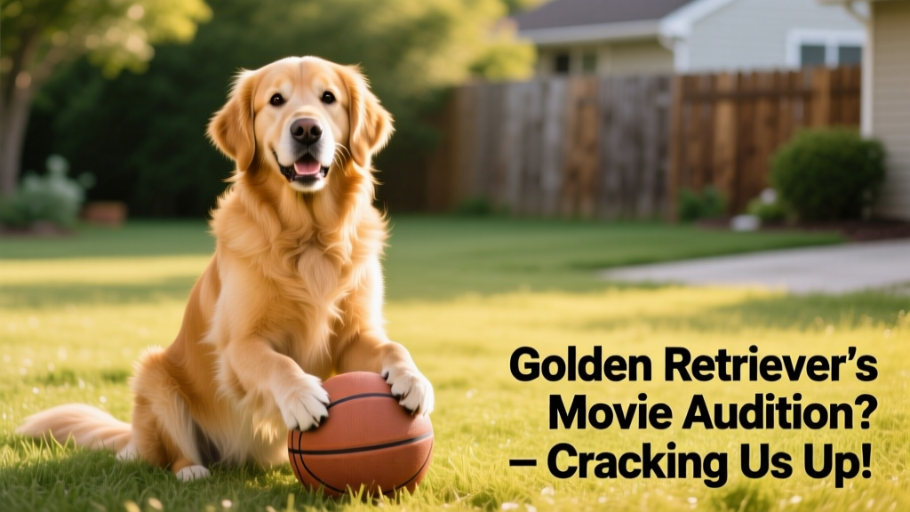 A cheerful, golden-furred Golden Retriever sitting upright with a basketball at their paws, looking confidently at the camera