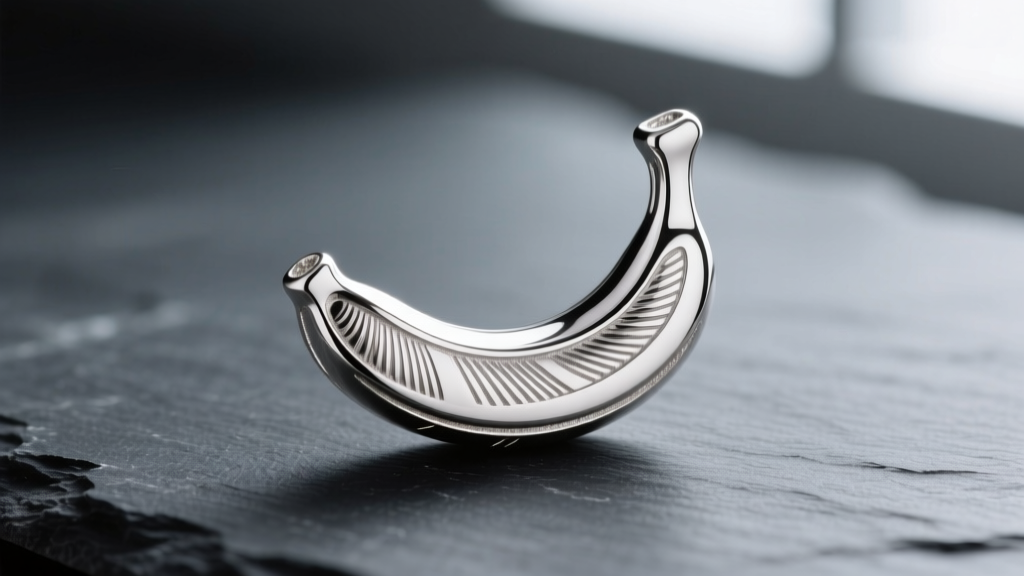 Macro shot of sterling silver banana charm showing intricate texture details and high polish against a dark gray slate backdrop.