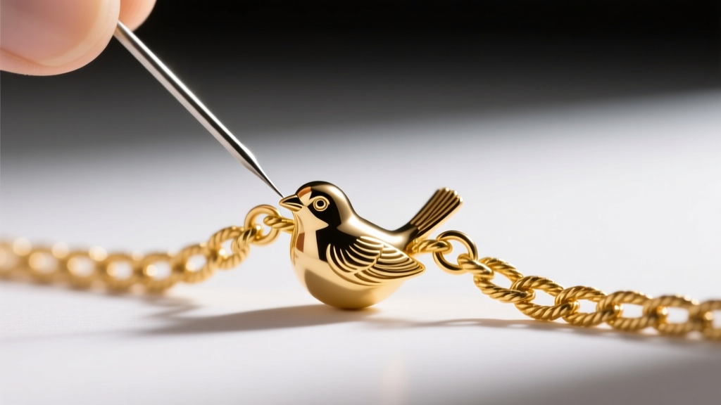 Macro shot of a needle untangling a fine gold rope chain connected to a small 3D sparrow pendant under bright studio lighting.
