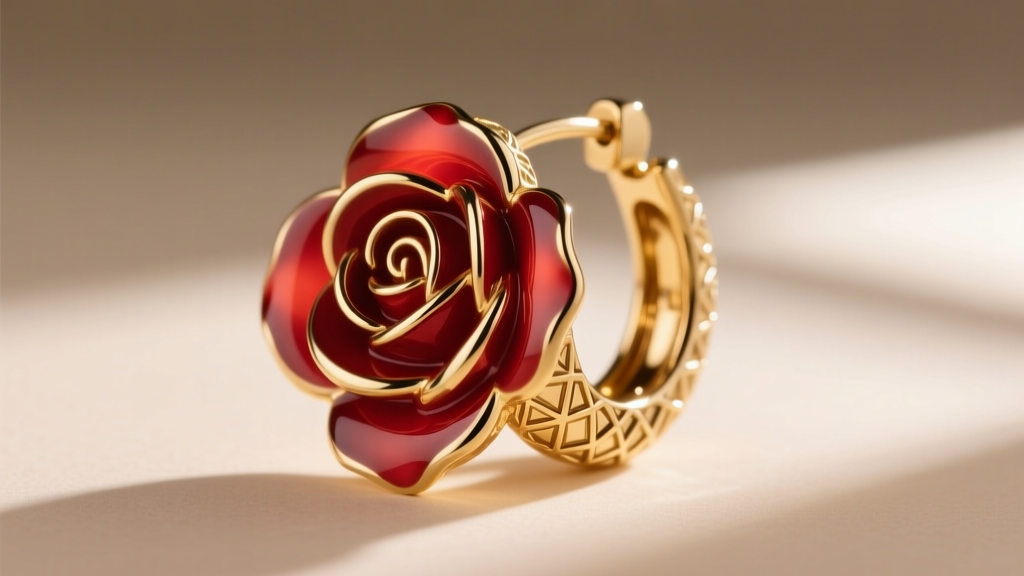 Vitreous enamel rose motif on a textured gold hoop earring, showcasing translucent red petals and precise guilloche metalwork.