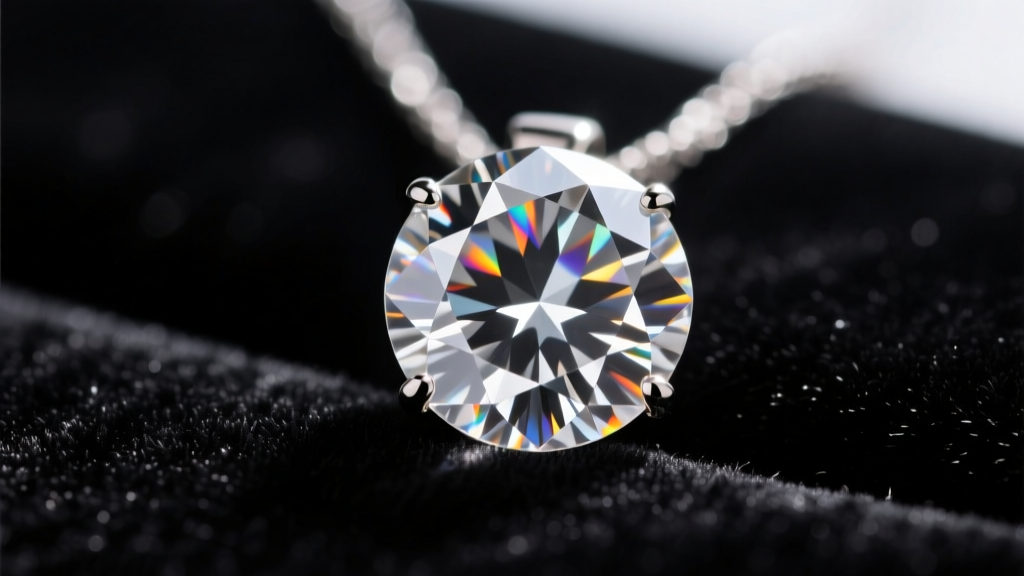 Macro photography of a round brilliant cut diamond pendant resting on black velvet, showing sharp light refraction and crisp facets.