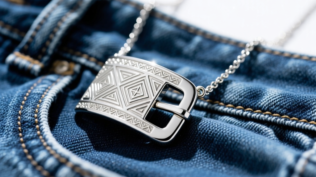 Sterling silver mini belt buckle necklace on denim, showing detailed engraving and tiny metal prongs under bright natural sunlight