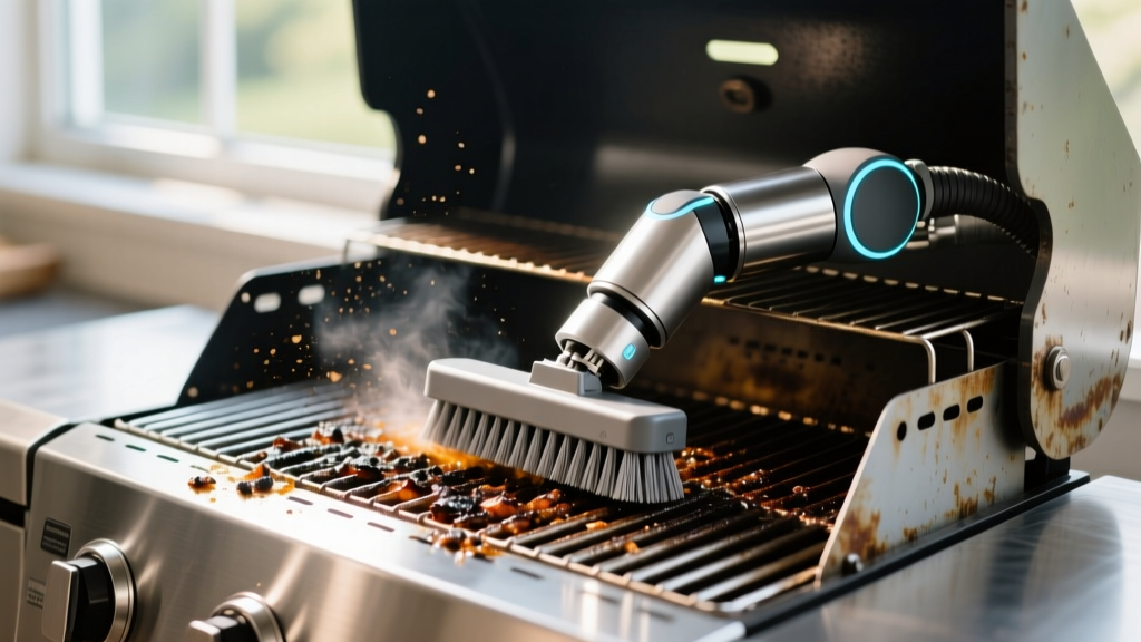 Automated robotic grill brush cleaning grease and charred debris off stainless steel grates on a closed kettle barbecue grill