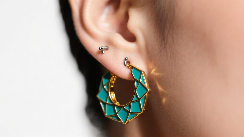 Teal enamel and gold Zonai hoop earring worn on a 16G cartilage piercing, illuminated by soft, warm studio lighting for detail.