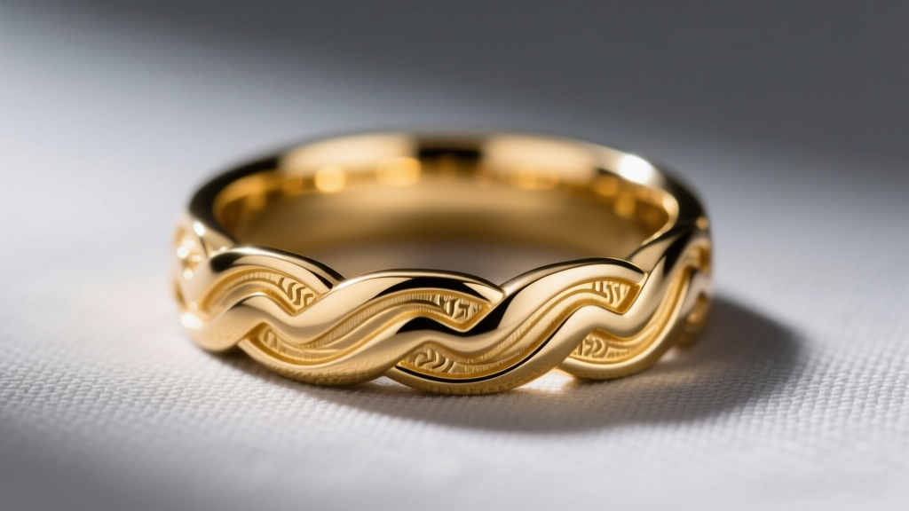 Macro photography of a die-stamped 14k gold meander ring band, showing crisp continuous lines and high polish against soft grey.