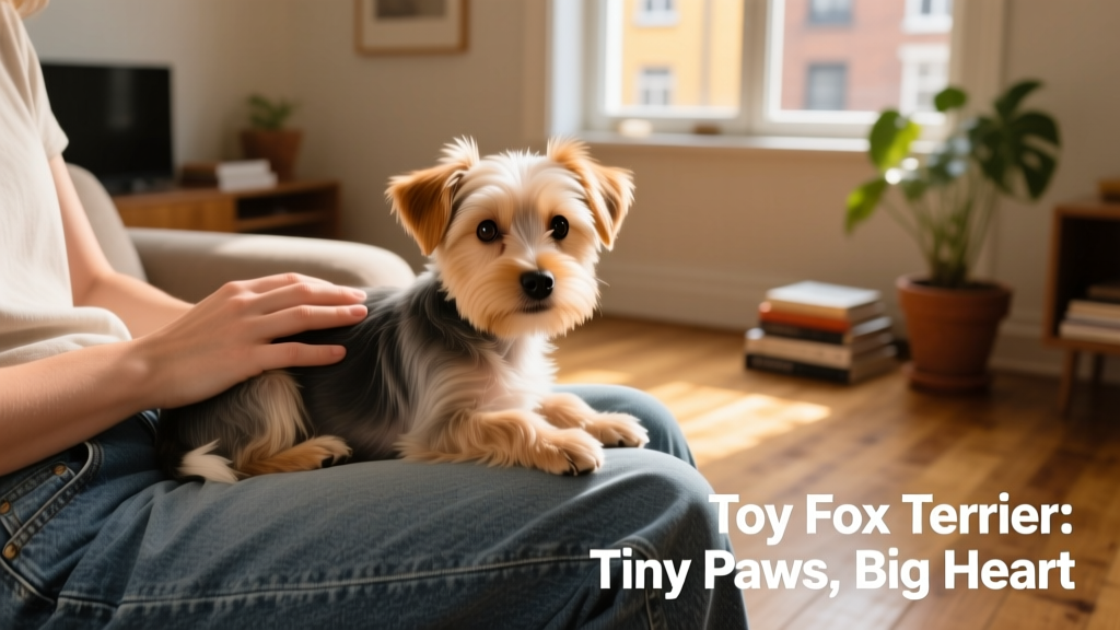Toy fox terrier puppy relaxes on lap of someone wearing jeans