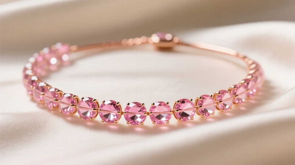 Close-up of 8mm vivid peach-pink AAA morganite beads on a 16-inch rose gold wire necklace, resting on cream silk fabric.