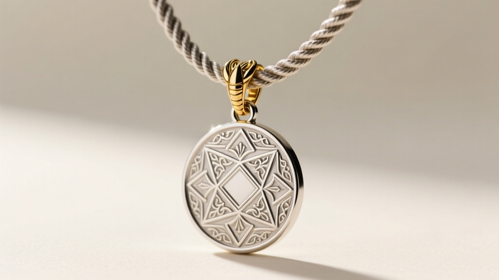 Macro shot of a heavy silver medallion pendant hanging from a thick 3mm 20-inch rope chain with a secure gold lobster clasp