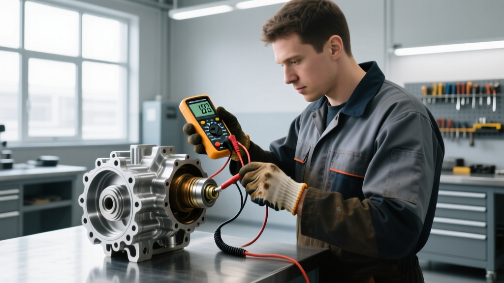 Mechanic using a digital multimeter to test the electrical resistance of a transmission TCC solenoid on a valve body
