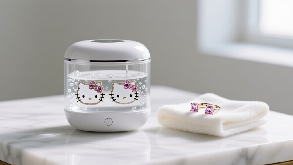 Small ultrasonic jewelry cleaner next to a microfiber cloth and a pair of gemstone-encrusted Hello Kitty cartilage cuff earrings.