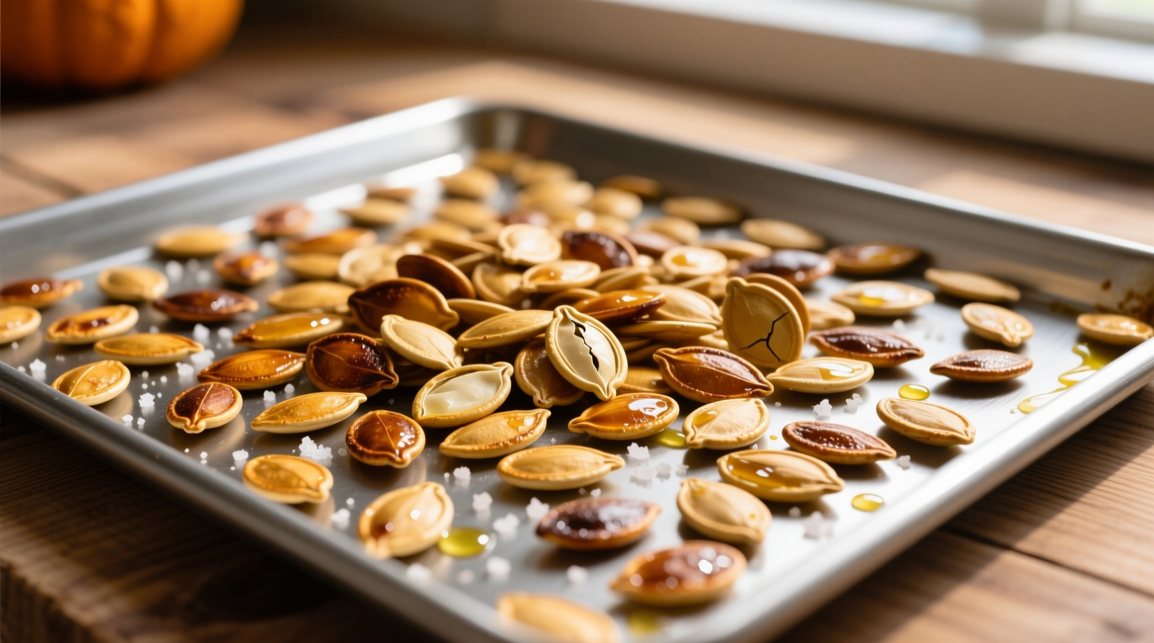 Golden roasted pumpkin seeds on baking sheet