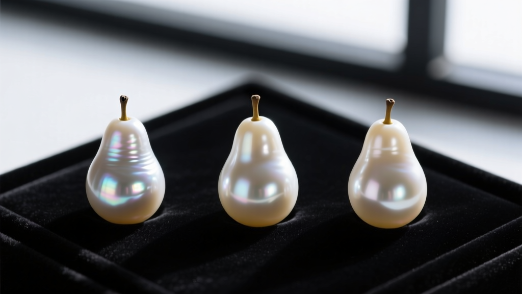 Macro shot of three pear-shaped pearls showing surface luster differences and drill hole placements on a dark velvet display pad.