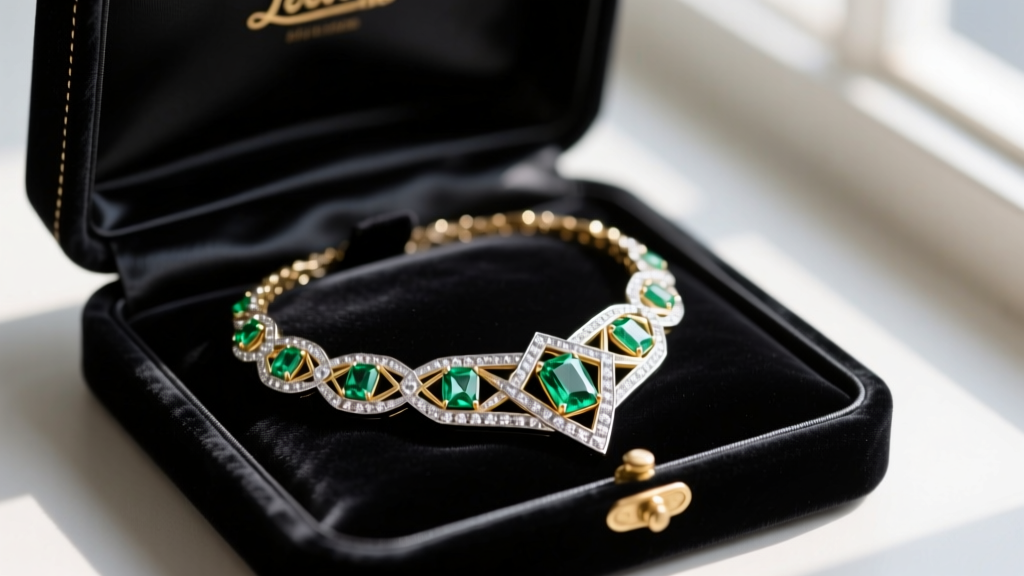 Open velvet box revealing a vintage Art Deco diamond choker necklace with emerald-cut stones resting on black satin fabric.