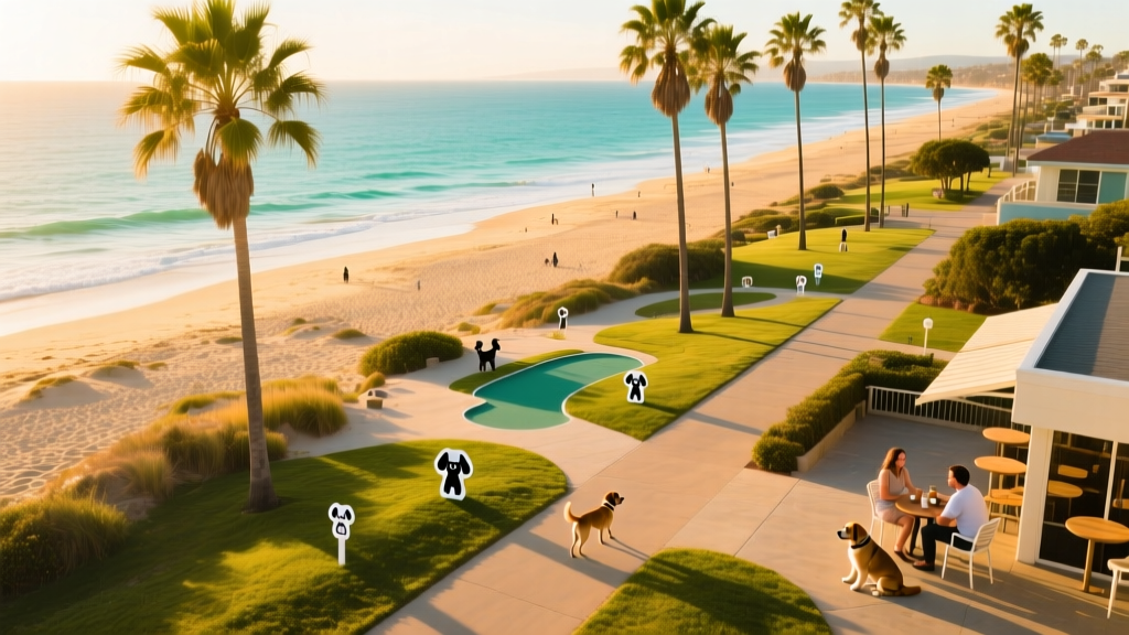 Aerial view of Newport Beach coastline with palm trees, sandy shores, and blue water
