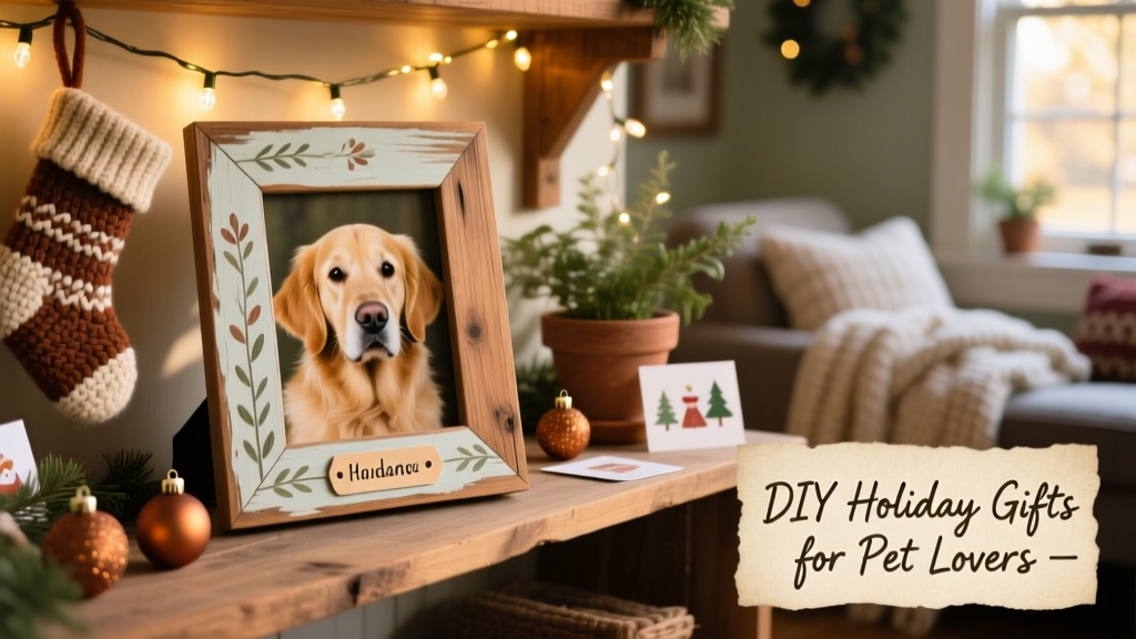 Handmade pet photo frame displayed on a shelf beside holiday decorations