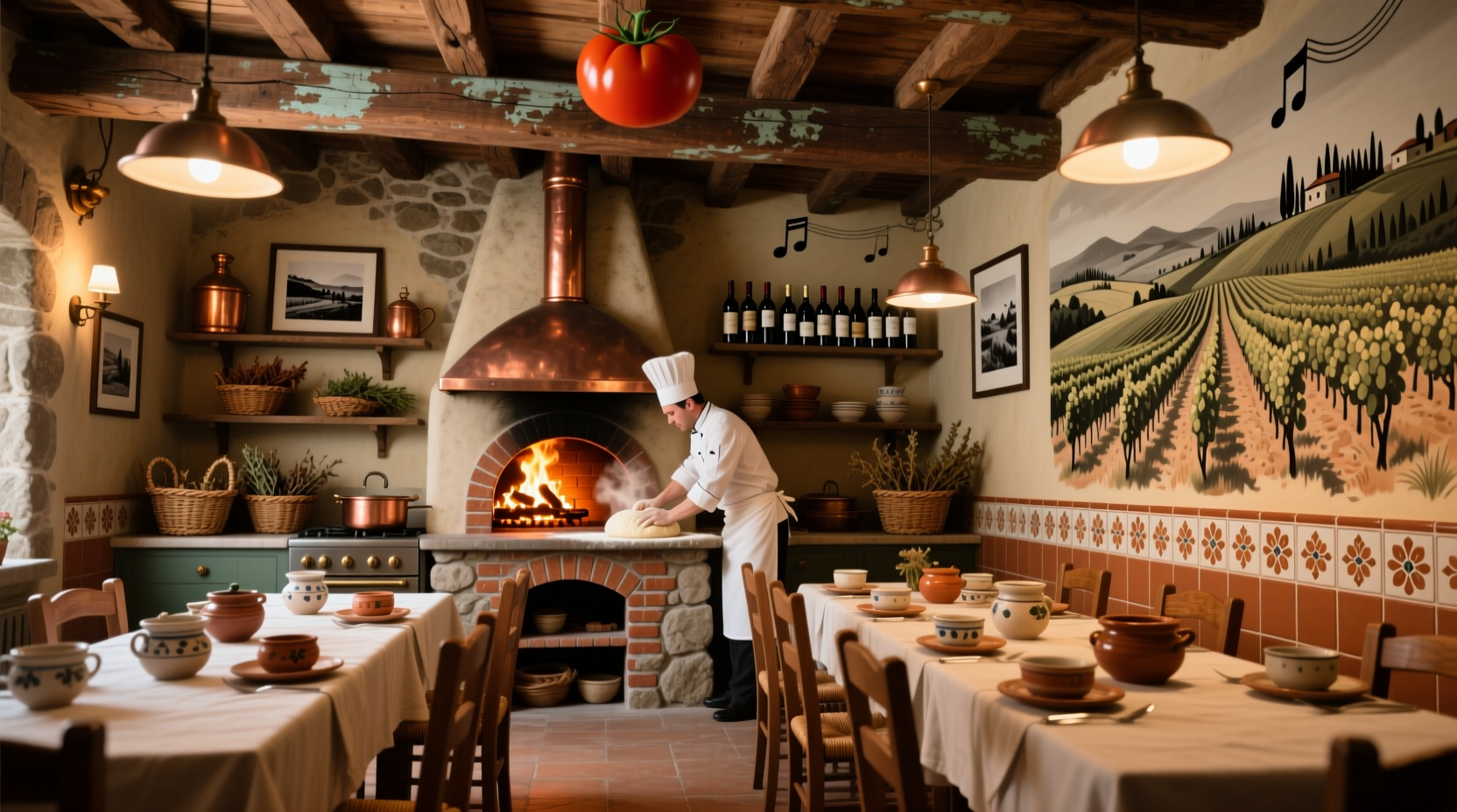 Top Tomato restaurant interior with rustic Italian decor