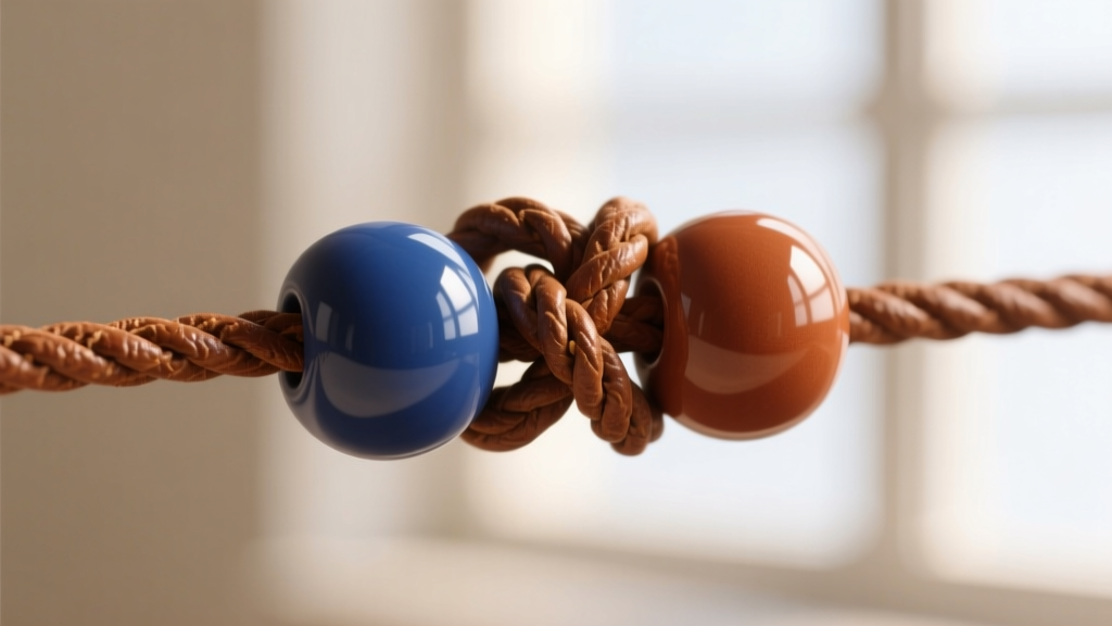 Macro shot of a 2mm brown leather cord being tied with a secure square knot between two painted and sealed polymer clay beads.