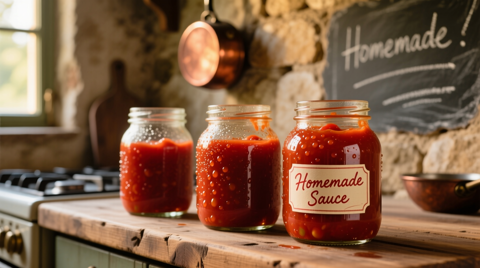 Ball jars filled with red tomato sauce on counter