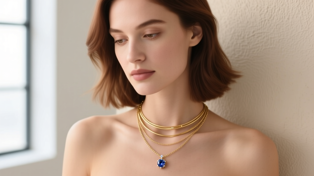 Woman wearing a layered necklace stack with a small sapphire journey pendant resting perfectly below a simple gold lariat necklace.