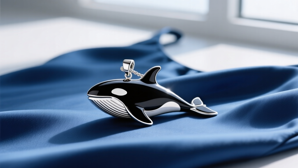Close-up of a modern sterling silver killer whale pendant with black enamel accents resting on blue silk slip dress fabric