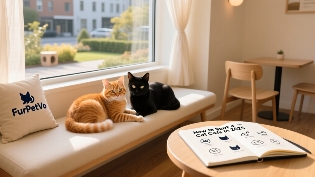 Two friendly cats resting side-by-side on a soft window seat in a clean, well-lit café space with subtle FurPetVo branding visible on a nearby cushion