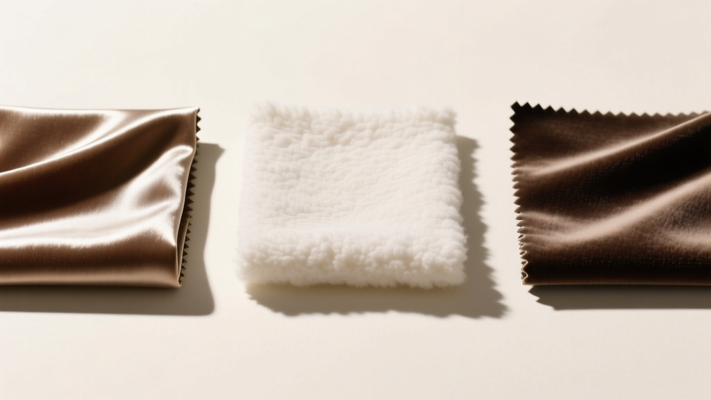 Macro shot of three velvet swatches: shiny silk, matte cotton, and synthetic polyester, highlighting their distinct pile textures.