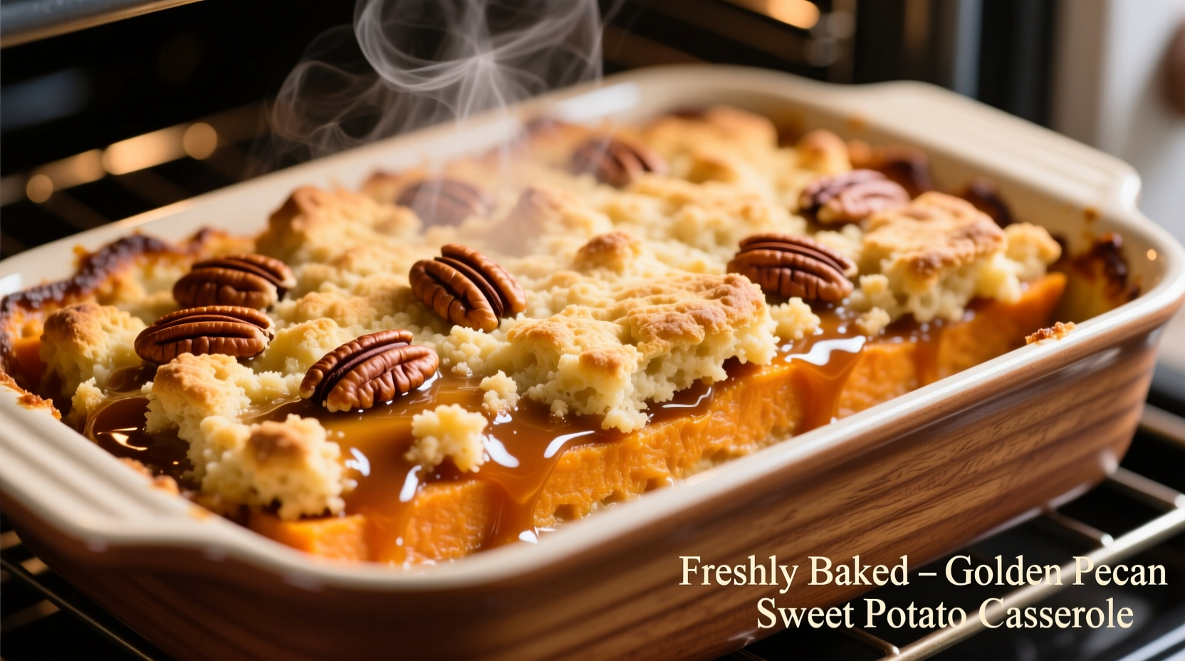Golden pecan sweet potato casserole fresh from oven