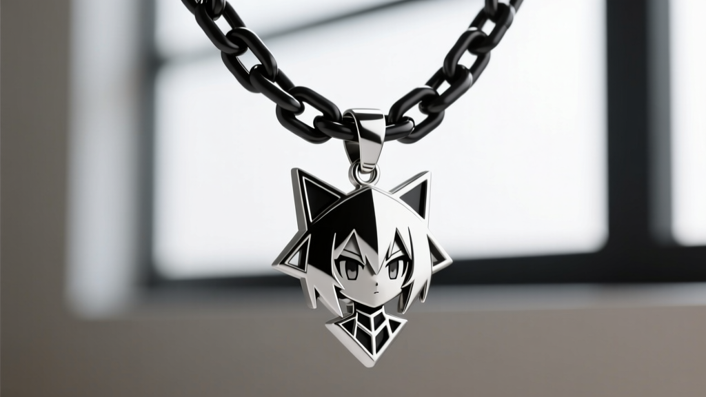 Close-up of a black oxide coated stainless steel box chain threaded through a sterling silver geometric anime character pendant