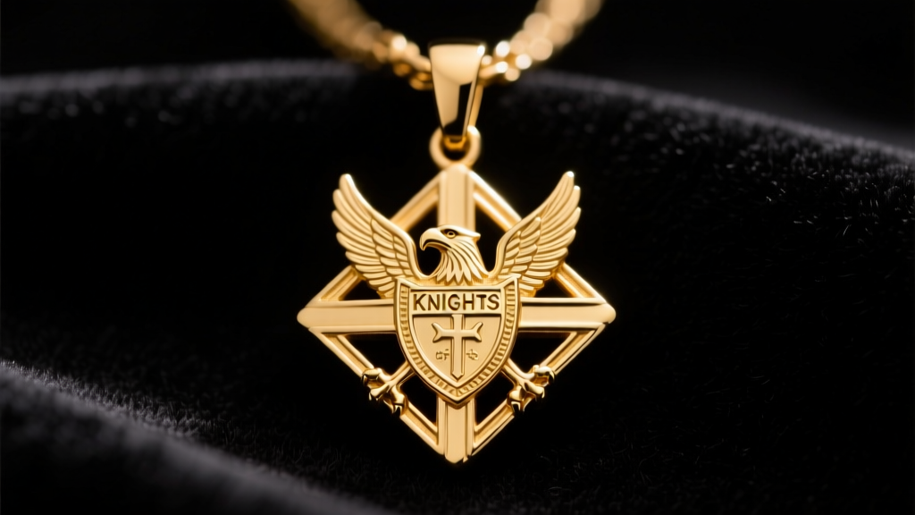Close-up of a 14k gold Knights of Columbus fourth degree eagle pendant resting on dark velvet under warm studio lighting.