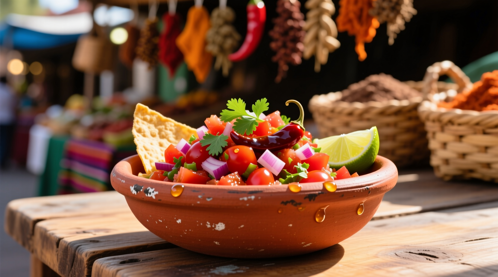 Fresh tomato chipotle salsa in clay bowl