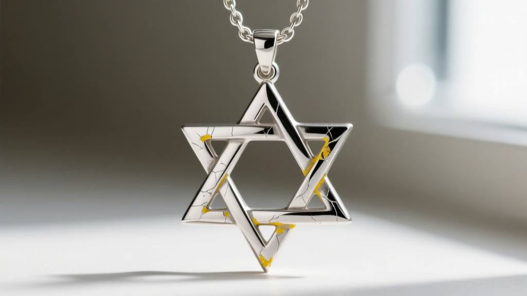 Macro shot of a silver-plated Star of David necklace showing wear and slight yellow tarnish around interlocking triangle points.
