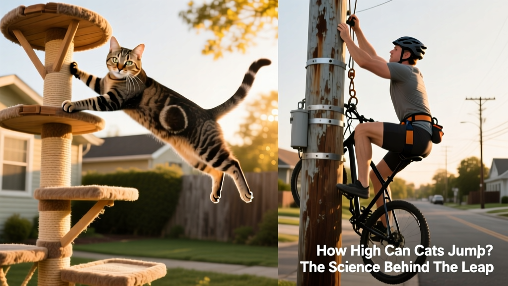 Side-by-side comparison: a cat leaping onto a tall cat tree versus a human reaching the top of a utility pole