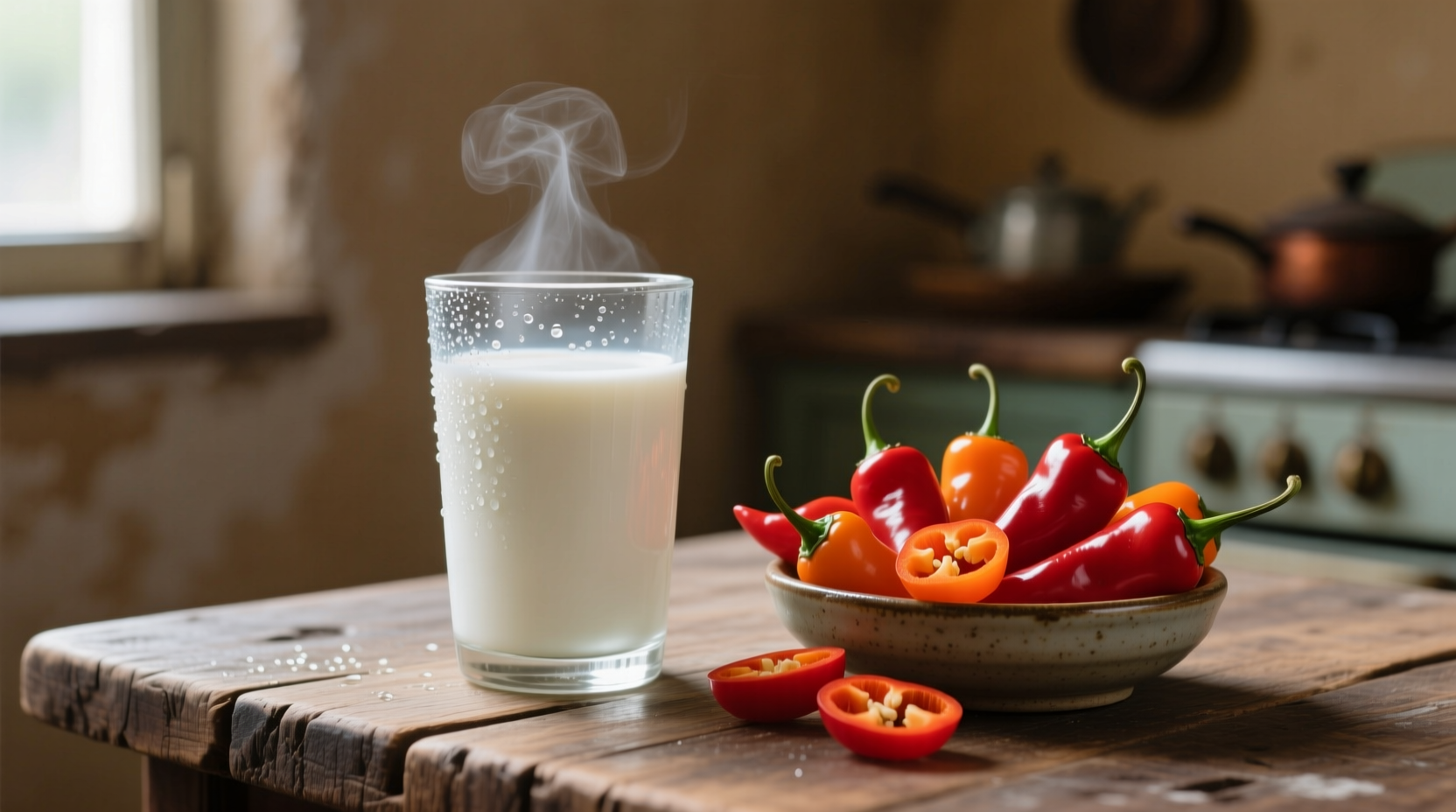 Glass of milk next to spicy chili peppers