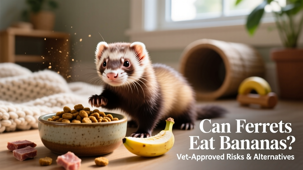 Happy ferret playing near a bowl of approved high-protein kibble and a few freeze-dried meat treats