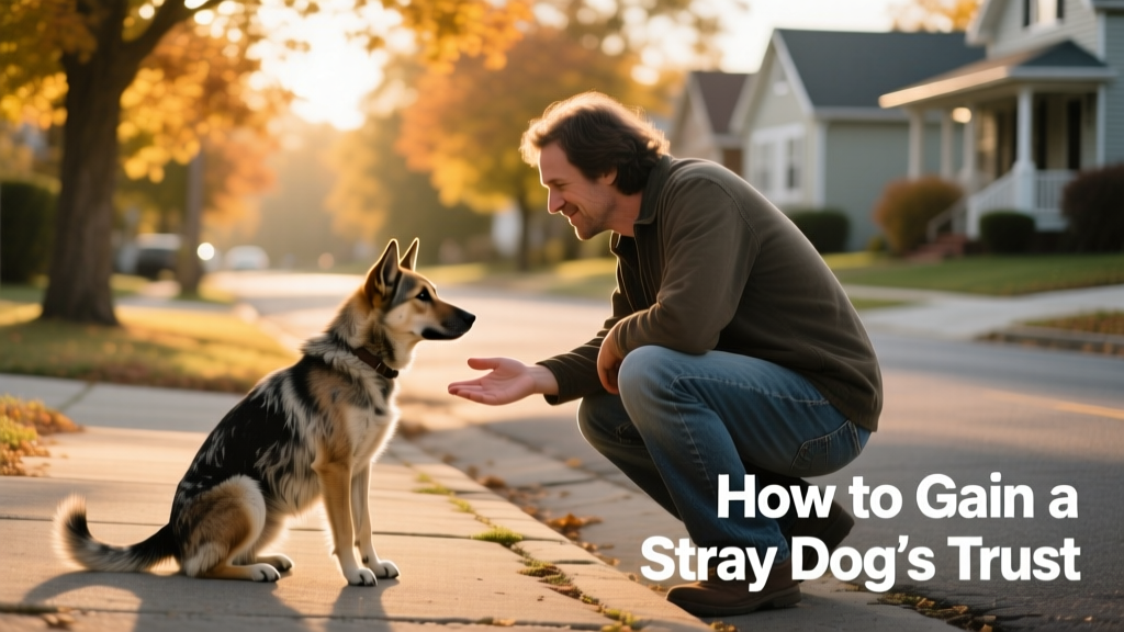 A person crouching low and extending a hand toward a cautious stray dog in a quiet neighborhood street