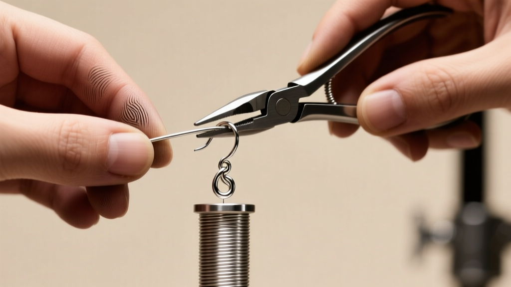 Jeweler hands using pliers to bend 20-gauge sterling silver wire around a steel mandrel to make earring hooks in a bright studio